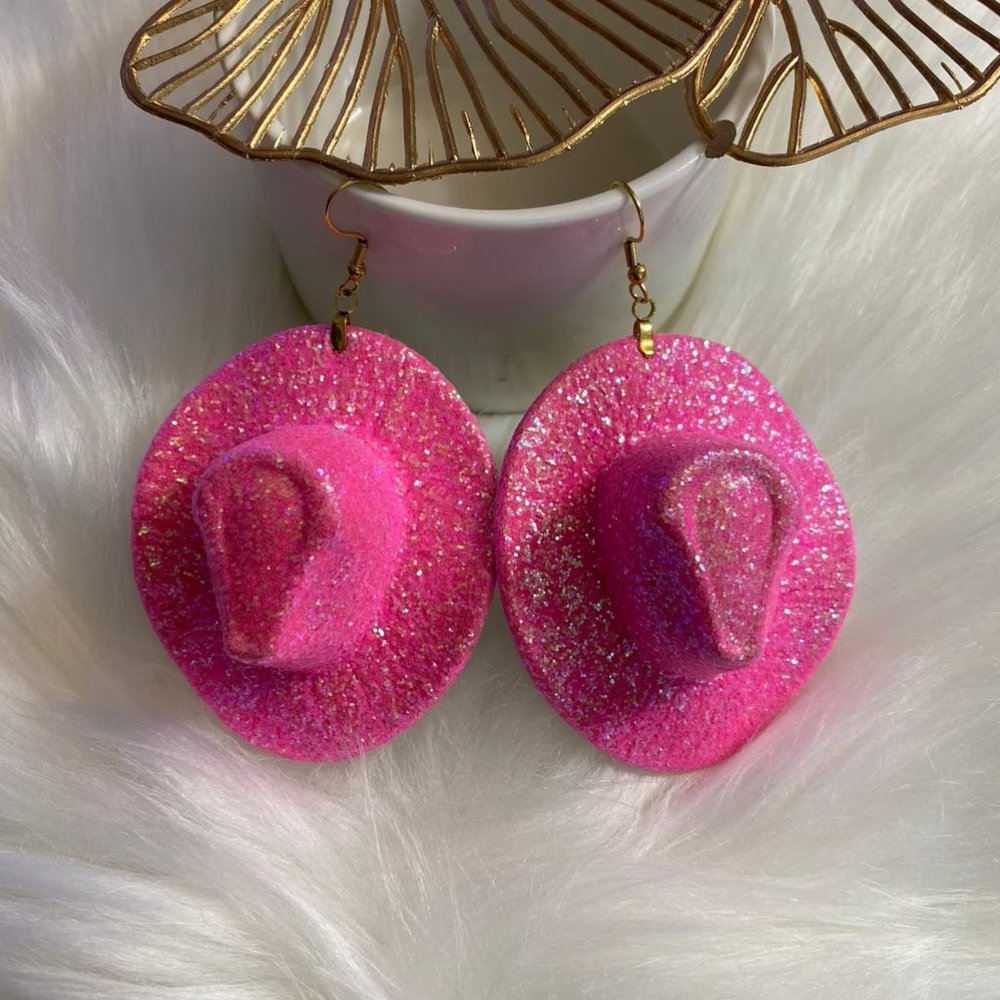 NEW Pink Cowgirl Hat Sparkle Earrings